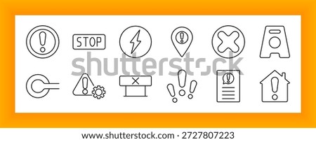 Caution signs set icon. Circles, stop label, bolt, pointer, triangle, gear, barricade, house, hazard sheet, cross symbols in clean outlined style.