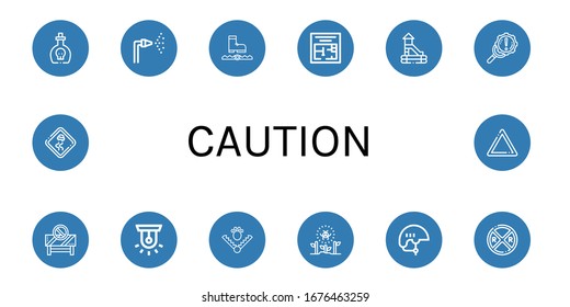 los iconos simples de precaución se configuran. Contiene iconos como Veneno, Manguera de Fuego, Trampa, Plan de Evacuación, Diapositiva, Error, Barrera, Sirena, Radioactivo, Casco, se puede utilizar para web, móvil y logotipo