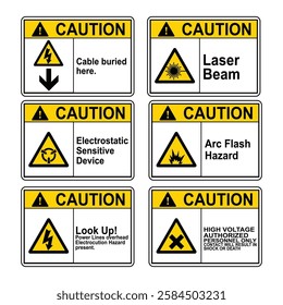 Caution Skin puncture Hydraulic Line, Overhead Cables, Live Busbars, Explosive Material,  Electrical Closet, Irritnant Sign Illustration Vol 03