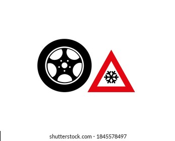 Caution smoothness and snow warning sign vector with tire isolated