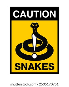 Caution Snakes sign - dangerous reptile warning warning label, yellow background, black frame, rectangular shape