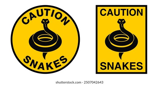 Caution Snakes sign - dangerous reptile warning warning label, yellow background, black frame, circle or square shape