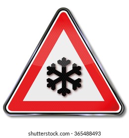 Caution snow, ice and snowflake