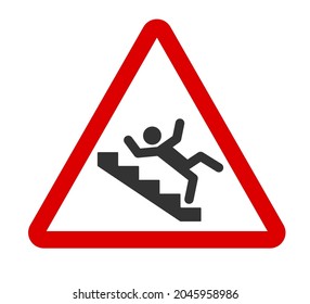 Vorsicht Treppenzeichen. Ein Mann fällt die Treppe hinunter. Ein Warnzeichen vor Gefahr. Das Symbol der glatten Treppe im roten Dreieck. Vektorgrafik einzeln auf weißem Hintergrund.