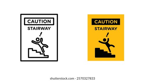 Caution stairway signs vectors set in black. line and flat versions