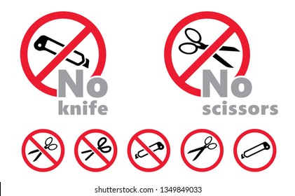 Caution, stop do not open with a cutter, knife or scissors signs Danger warning cutting or knifes icons  vector attention symbol Forbidden cuts or shears icon Stop halt allowed sign Beware no ban