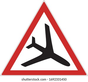 caution street sign of low flying airplane over road warning vector illustration isolated on white background traffic symbol of black plane in red triangle