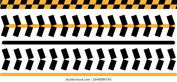Ilustração do vetor da faixa de cuidado — Fita de cuidado amarela e preta e amarela. Um design de aviso de alto contraste para sinais de trânsito, zonas de construção e alertas de segurança. Ideal para zonas de perigo, cuidado	
