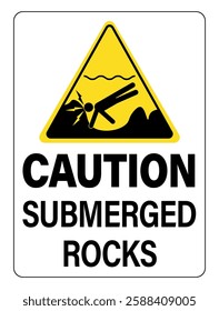 Caution submerged rocks. Yellow triangle hazard sign with pictogram of swimmer banging his head on the rocky seabed. Text below.