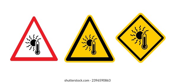 Caution, summer concept. Warning high temperature  signboard. Thermometer or temperature indicate. Hot weather sign. Very hot and scorching. Bright sun, risk of getting of heat stroke.