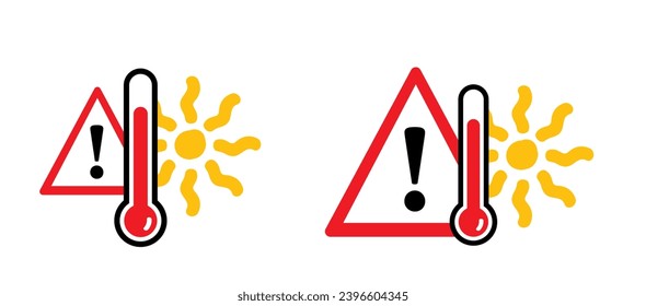 Vorsicht, Sommerkonzept. Warnung vor Hochtemperatur-Signatur. Thermometer oder Temperatur angeben. Schild für heißes Wetter. Sehr heiß und schleichend. Helle Sonne, Gefahr von Hitzeanfällen.