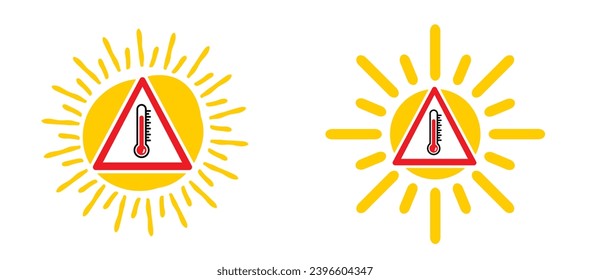 Caution, summer concept. Warning high temperature  signboard. Thermometer or temperature indicate. Hot weather sign. Very hot and scorching. Bright sun, risk of getting of heat stroke.