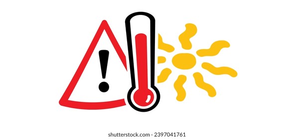 Vorsicht, Sommerkonzept. Warnung vor Hochtemperatur-Signatur. Thermometer oder Temperatur angeben. Schild für heißes Wetter. Sehr heiß und schleichend. Helle Sonne, Gefahr von Hitzeanfällen.