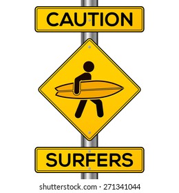 Caution surfers vector yellow road sign