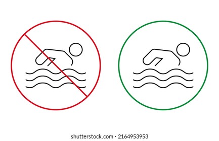 Caution Swim Zone Black Line Icon. Notice Forbidden Swimmer Pictogram. Permit Green Circle Symbol. Beach No Allowed People Swim Sign. Warning Danger Water Wave. Isolated Vector Illustration.