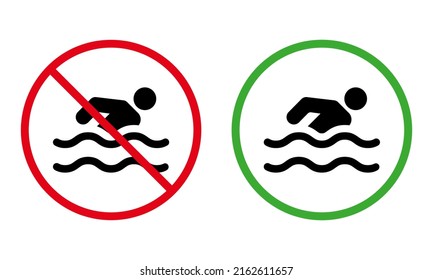 Caution Swim Zone Black Silhouette Icon. Notice Forbidden Swimmer Pictogram. Permit Green Circle Symbol. Beach No Allowed People Swim Sign. Warning Danger Water Wave. Isolated Vector Illustration.