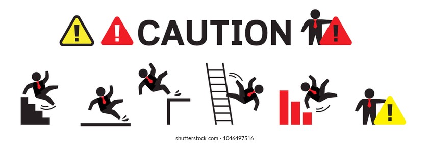 Caution Symbols With Stick Figure Man Falling. Wet Floor, Tripping On Stairs, Fall Down From Ladder And Over The Egde. Workplace Safety And Injury Vector Illustration.