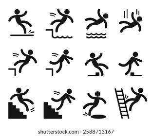 Caution symbols with stick figure man falling. Wet floor, tripping, falling from stairs, ladder, water, edge. Workplace safety and injury vector illustration.