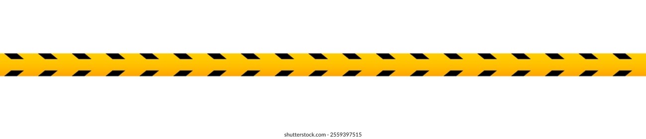 Caution tape with black and yellow print. Barricade in quarantine site, construction work area or crime scene. Police perimeter print. Restricted, warn or forbidden sign. Vector flat illustration.