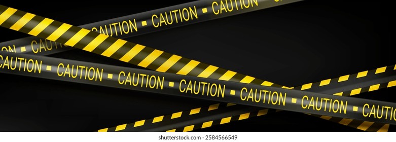 Caution tape with black and yellow stripes on dark background. Diagonal warning lines for restricted access zone. Emergency barrier tape pattern for construction, crime scene or hazardous area.