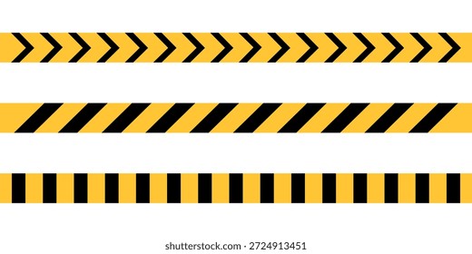 Conjunto de iconos de cinta de precaución. Señal de advertencia y símbolo. Línea de policía y franjas de peligro de seguridad de construcción. Ilustración vectorial aislada sobre fondo blanco.