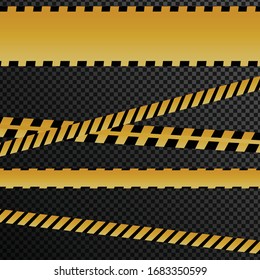 Caution tape on black background. Do not cross texted yellow crossed ribbons with light effect. Warning line in flat style, dangerous zone sign, vector illustration.