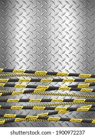 Caution tape on metal background. Vector illustration.