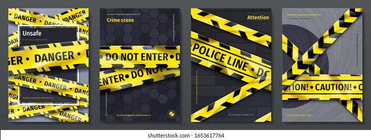 Caution tape posters. Set of banners with yellow danger tape and warning signs for party flyers. Vector placards with safety ribbons design template, fashion style retro danger alert zone svg