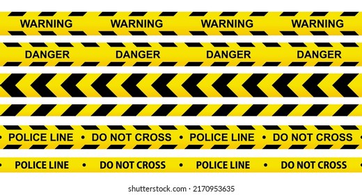 Caution tape set. Police line and do not cross ribbons. Yellow warning danger tapes. Abstract warning lines for police, accident, under construction. Horizontal seamless borders. Vector illustration