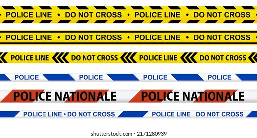 Caution tape set. Police line and do not cross ribbons. Yellow warning danger tapes. Abstract warning lines for police, accident, under construction. Horizontal seamless borders. Vector illustration