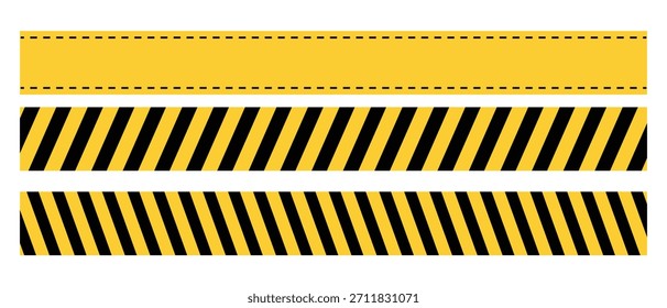 Caution tape set. Seamless yellow and black diagonal stripe barrier ribbons.