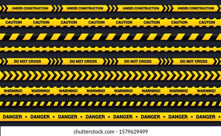 Caution tape set of yellow and black ribbons, for dangerous area, accident, police. Vector abstract tape template with shadow on dark background.