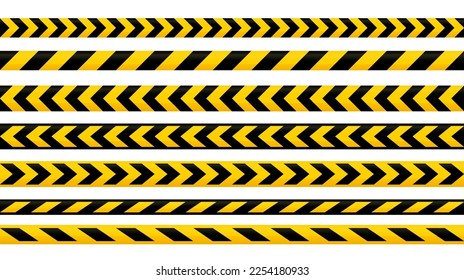 Caution tape set. Yellow and black warning stripes collection. Repeating construction, hazard, danger sellotapes. Restriction and prohibition zones adhesive tapes background.