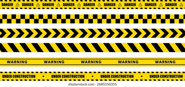 Conjunto de fitas de cuidado. Zona de aviso amarela e preta, fitas de perigo. Aviso amarelo, fitas barricada. Listras abstratas para a polícia, acidente, sinal de construção. Ilustração vetorial.
