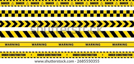 Caution tape set. Yellow and Black Warning zone, danger tapes. Yellow warning, barricade ribbons. Abstract stripes for police, accident, under construction sign. Vector illustration.