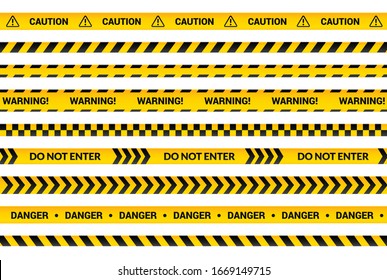 Caution tape set, yellow warning strips, danger symbol, arrows, yellow lines with black text and triangle sign. Flat banner isolated collection with attention message, cartoon vector illustration. svg