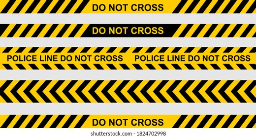 Caution tape set of yellow warning ribbons. Abstract warning lines for police, accident, under construction. Vector danger tape collection.