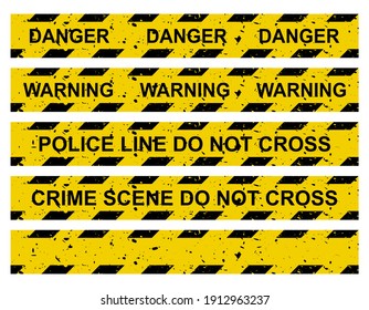 Caution tape set. Yellow warning ribbon collection with different texts:  do not cross police line, crime scene, danger, warning and blank. Vector criminal border isolated on white. svg