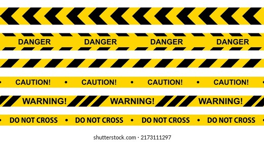 Caution tape set. Yellow warning danger tapes. Police line and do not cross ribbons. Abstract warning lines for police, accident, under construction. Horizontal seamless borders. Vector illustration svg