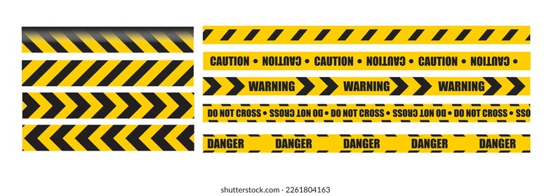 Caution tape set of yellow warning ribbons. Abstract warning lines for police, accident, under construction. Vector danger tape collection.