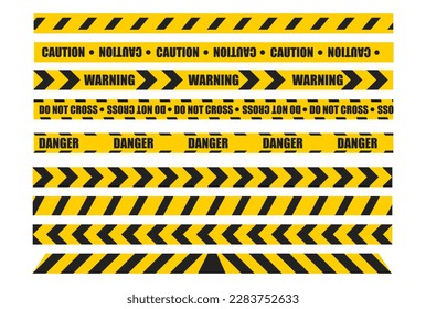 Caution tape set of yellow warning ribbons. Abstract warning lines for police, accident, under construction. Vector danger tape collection