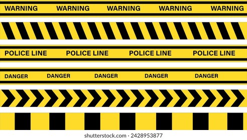 Caution tape set of yellow warning ribbons. Abstract warning lines for police, accident, under construction. Vector danger tape collection.