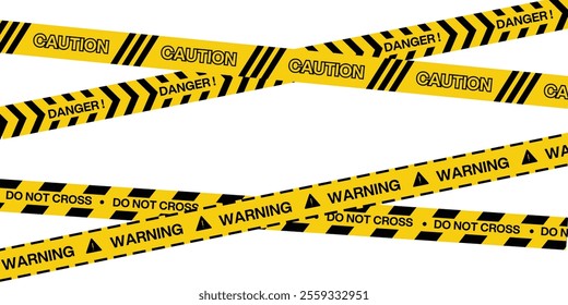 Caution tape set: Yellow warning ribbons with bold black stripes and hazard patterns. Vector illustration.