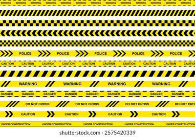 Caution tape set of yellow warning ribbons. barrier tape for police, accident, under construction. danger, Crime line tape set. Not cross security line. warning black and yellow Warning tape EPS10