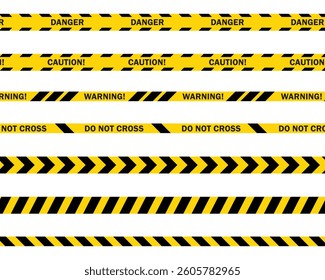 Caution tape set of yellow warning ribbons. Abstract warning lines for police, accident, under construction. Vector danger tape collection.