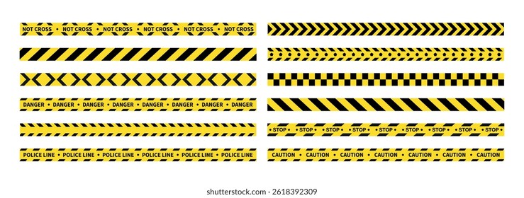 Caution tape set of yellow warning ribbons. Warning zone, danger tapes. Security Caution Tape Set. Yellow Warning Ribbons. Abstract Stripes for Police, Accident, Under Construction.