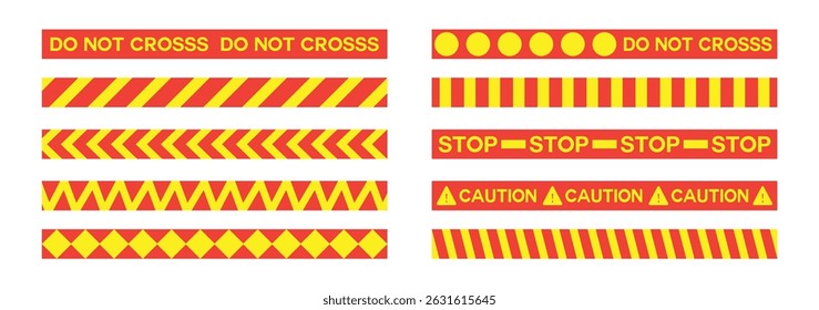 Caution tape set of yellow warning ribbons. Abstract warning lines for police, accident, under construction. Vector danger tape collection. Security Caution Tape Set. Yellow Warning Ribbons. 