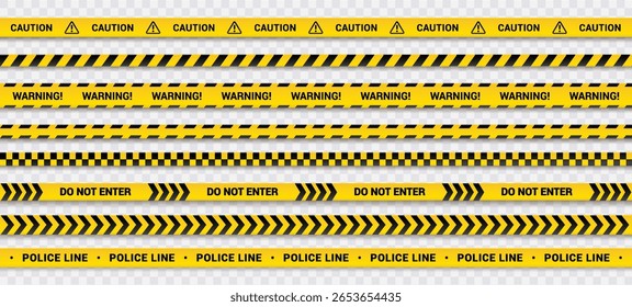 Caution tape set of yellow warning ribbons isolated on transparent bg. Abstract warning lines for police, accident, under construction. Vector illustration of danger tape collection.