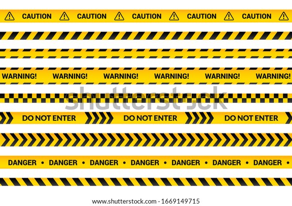 Caution tape set, yellow warning strips,\
danger symbol, arrows, yellow lines with black text and triangle\
sign. Flat banner isolated collection with attention message,\
cartoon vector\
illustration.