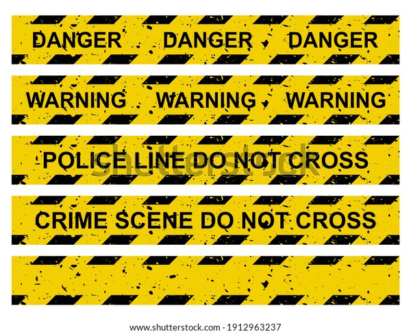 Caution tape\
set. Yellow warning ribbon collection with different texts:  do not\
cross police line, crime scene, danger, warning and blank. Vector\
criminal border isolated on\
white.
